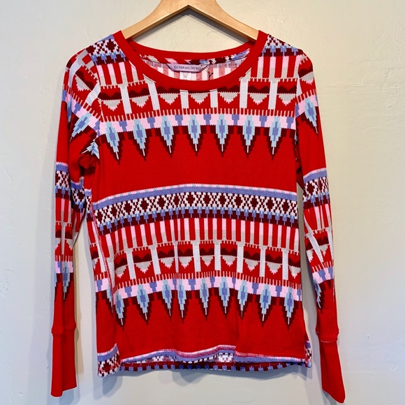 VS | NWT Fair Isle Waffle Knit Tribal Aztec Long Sleeve Holiday Thermal Shirt - Picture 3 of 7